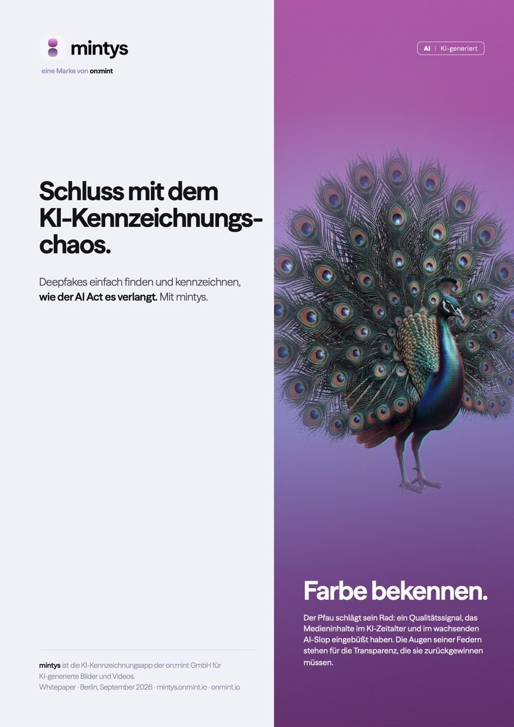 Titelseite des Whitepapers „Schluss mit dem KI-Kennzeichnungschaos“: links der Titel, rechts ein Pfau, der sein Rad schlägt.