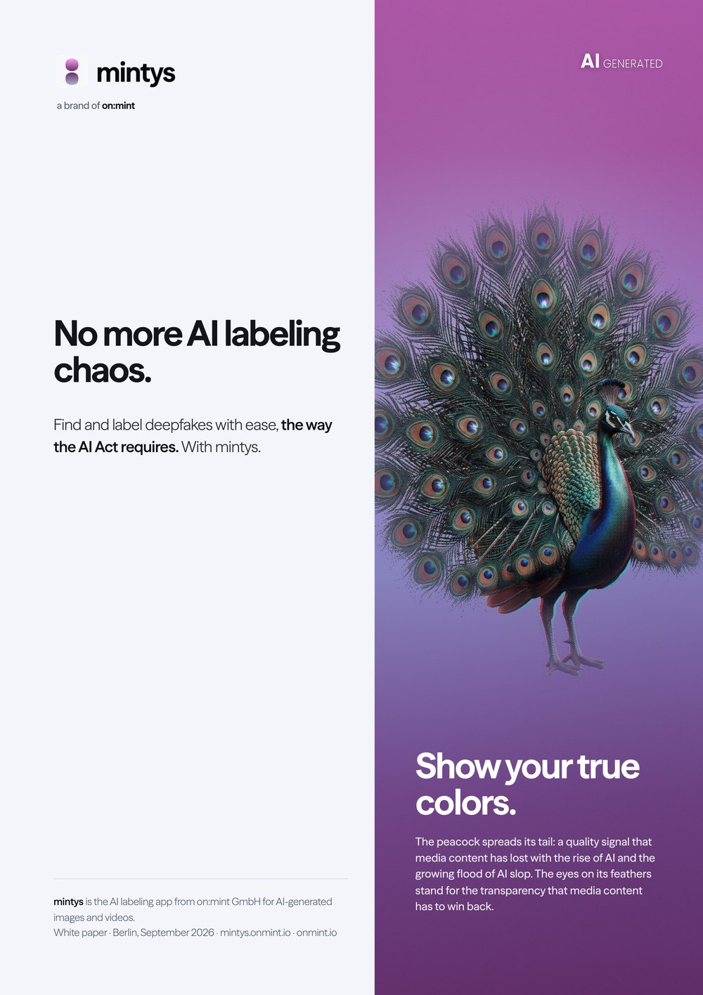 Cover of the white paper “No more AI labeling chaos”: the title on the left, a peacock fanning its tail on the right.